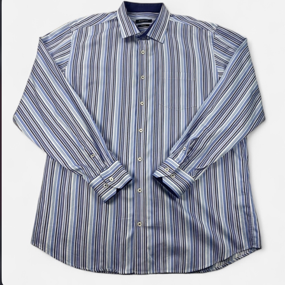 Bugatchi Men’s Long Sleeve Dress Shirt Blue Striped 100% Cotton Size XXL